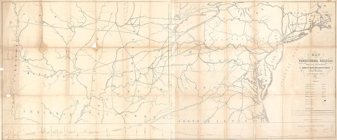 This old map of Map of Pennsylvania Railroad With Its Connections, Showing the Different Routes, Projected Or Constructed Between the Seaboard & the Western States from 1851 was created by Friend & Aub, Pennsylvania Railroad in 1851
