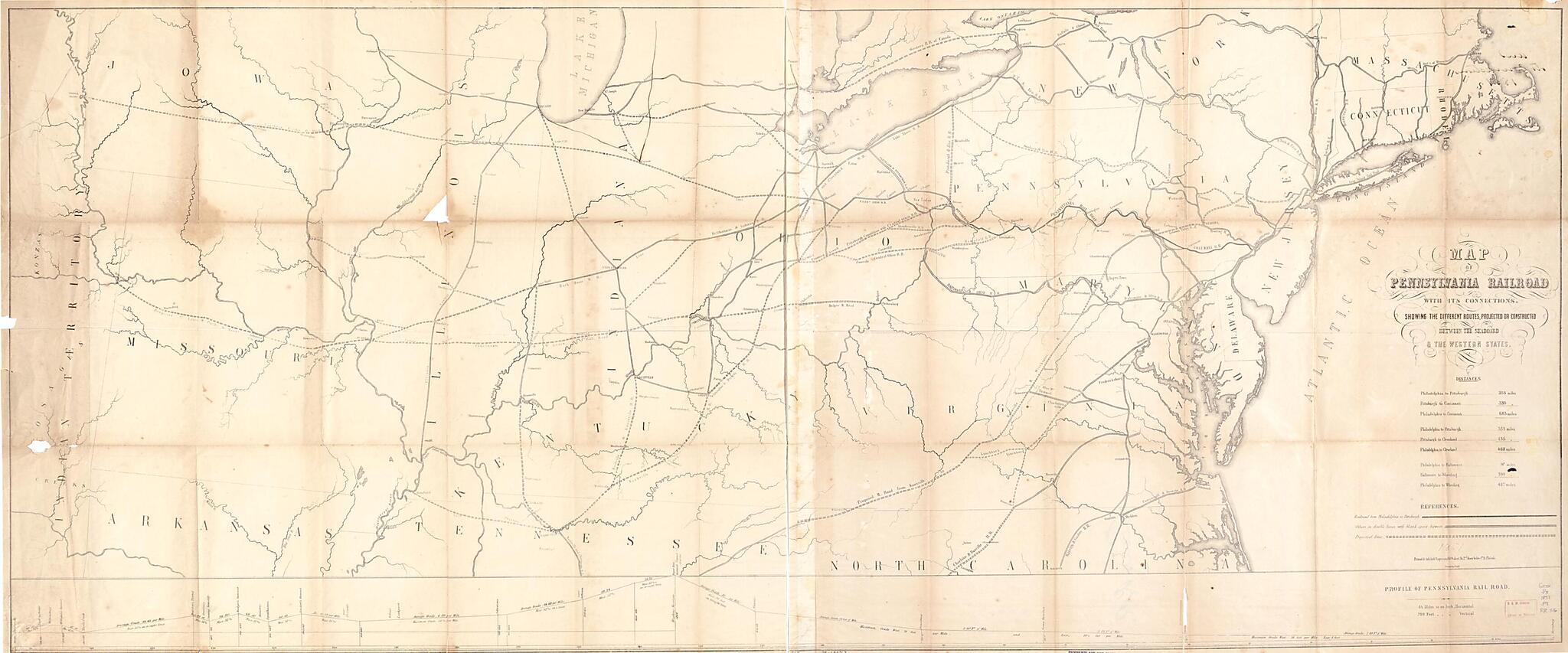 This old map of Map of Pennsylvania Railroad With Its Connections, Showing the Different Routes, Projected Or Constructed Between the Seaboard & the Western States from 1851 was created by Friend & Aub, Pennsylvania Railroad in 1851