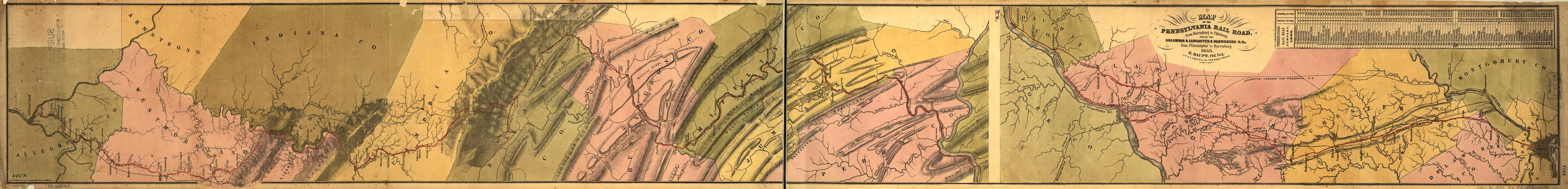 This old map of Map of the Pennsylvania Rail Road, from Harrisburg to Pittsburg sic and of the Columbia & Lancaster & Harrisburg R.R.s from Philadelphia to Harrisburg. H. Haupt, Chf. Eng., J. P. & J. Lesley, Jr. Topographers, J. G. Shoemaker, Engr from 1