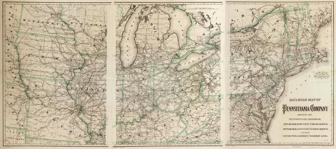 This old map of Railroad Map of Pennsylvania Company Showing the Pennsylvania Railroad, Pittsburgh, Fort Wayne and Chicago Railway, Pittsburgh, Cincinnati and St. Louis Railway, and Their Connecting Eastern and Western Lines from 1871 was created by G.W