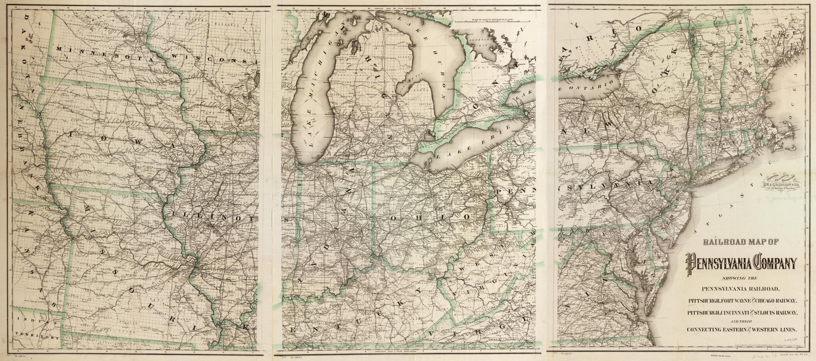 This old map of Railroad Map of Pennsylvania Company Showing the Pennsylvania Railroad, Pittsburgh, Fort Wayne and Chicago Railway, Pittsburgh, Cincinnati and St. Louis Railway, and Their Connecting Eastern and Western Lines from 1871 was created by G.W