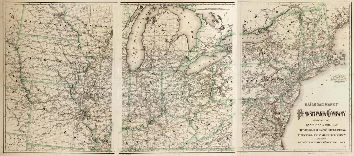 Railroad Map of Pennsylvania Company Showing the Pennsylvania Railroad, Pittsburgh, Fort Wayne and Chicago Railway, Pittsburgh, Cincinnati and St. Louis Railway, and Their Connecting Eastern and Western Lines 1871 by Relic Map Company