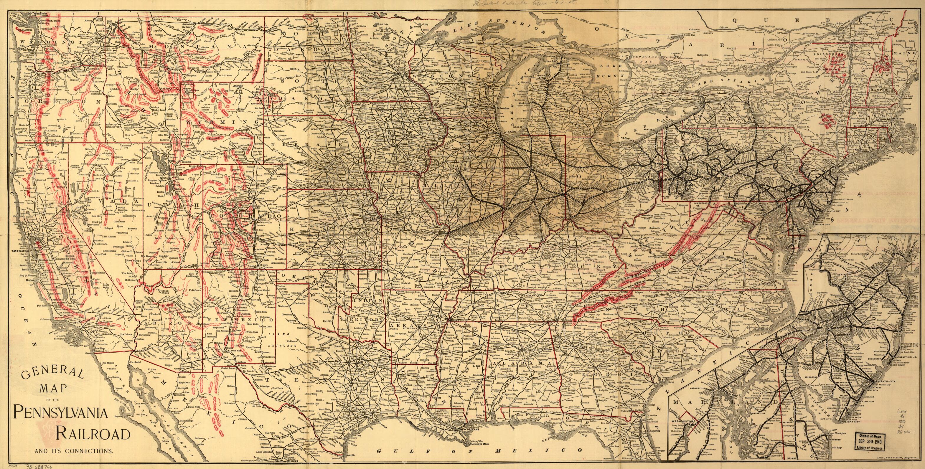 This old map of General Map of the Pennsylvania Railroad and Its Connections from 1893 was created by Lane & Scott Allen, Pennsylvania Railroad in 1893