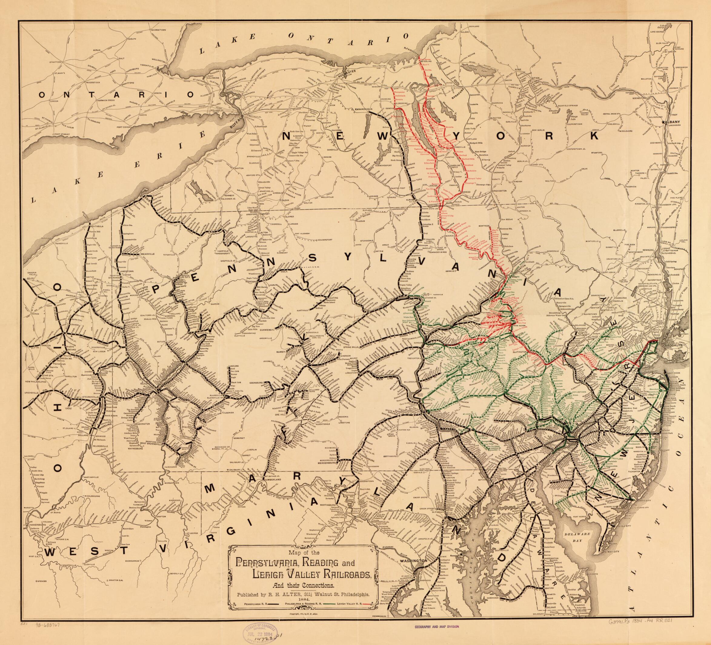 This old map of Map of the Pennsylvania, Reading, and Lehigh Valley Railroads, and Their Connections from 1884 was created by R. H. Alter, Lehigh Valley Railroad Company, Pennsylvania Railroad, Philadelphia & Reading Railroad Co in 1884