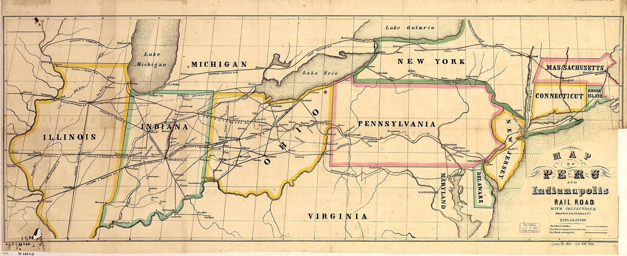 This old map of Map of Peru and Indianapolis Rail Road With Connections from 1850 was created by Indianapolis and Peru Railroad Company, George E. Leefe in 1850