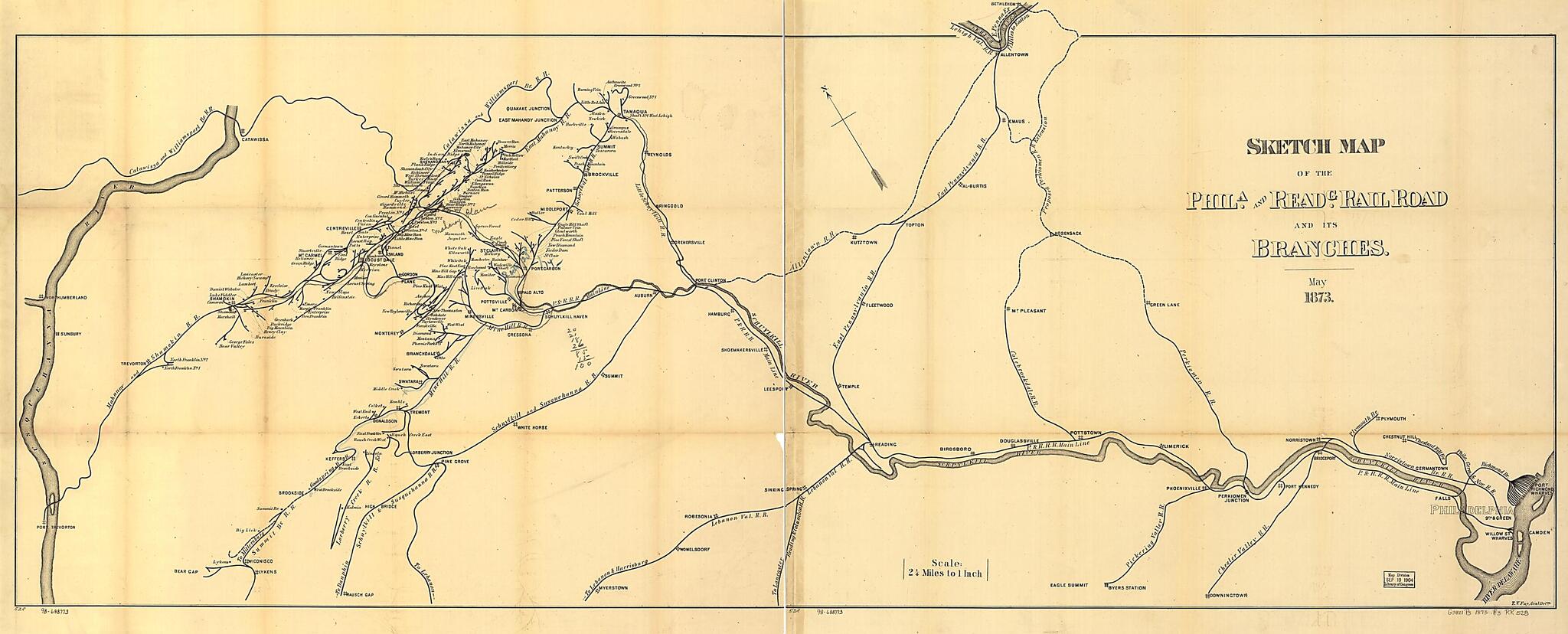 This old map of Sketch Map of the Phila. and Readg. Rail Road and Its Branches, May, from 1873 was created by T. V. Fay, Philadelphia & Reading Railroad Co in 1873