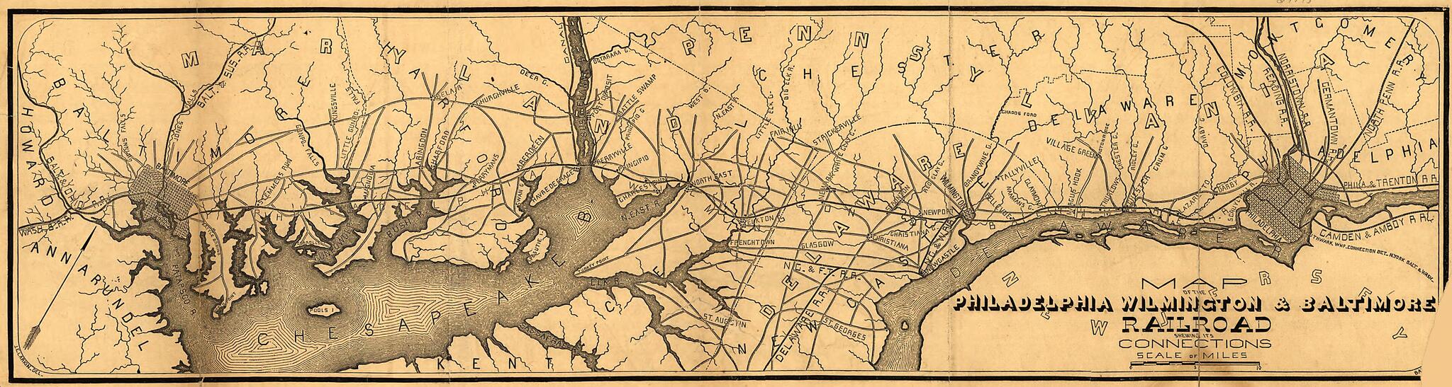 This old map of Map of the Philadelphia, Wilmington, & Baltimore Railroad Shewing sic Its Connections from 1850 was created by J. E. Larkin, Wilmington Philadelphia in 1850