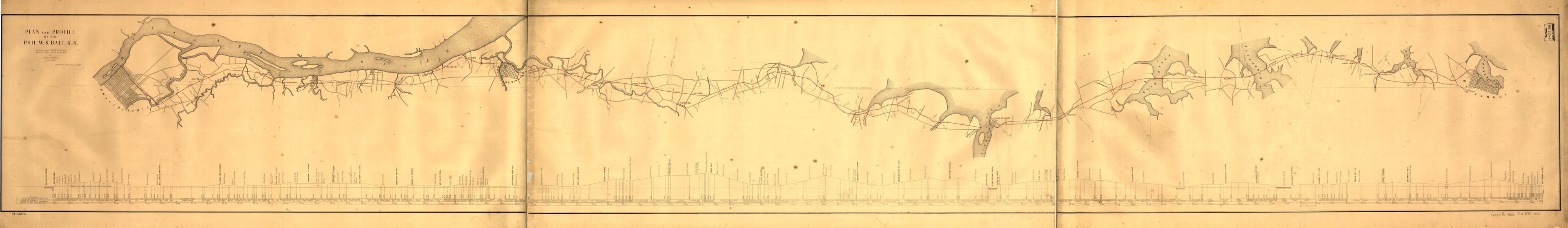 This old map of Plan and Profile of the Phil. W. & Balt. R.R., A.D. from 1860 was created by Olney Harness, Wilmington Philadelphia in 1860
