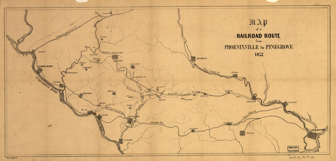 This old map of Map of a Railroad Route from Phoenixville to Pinegrove from 1852 was created by Phoenixville Cornwall Railroad, Pinegrove Lancaster Railroad in 1852