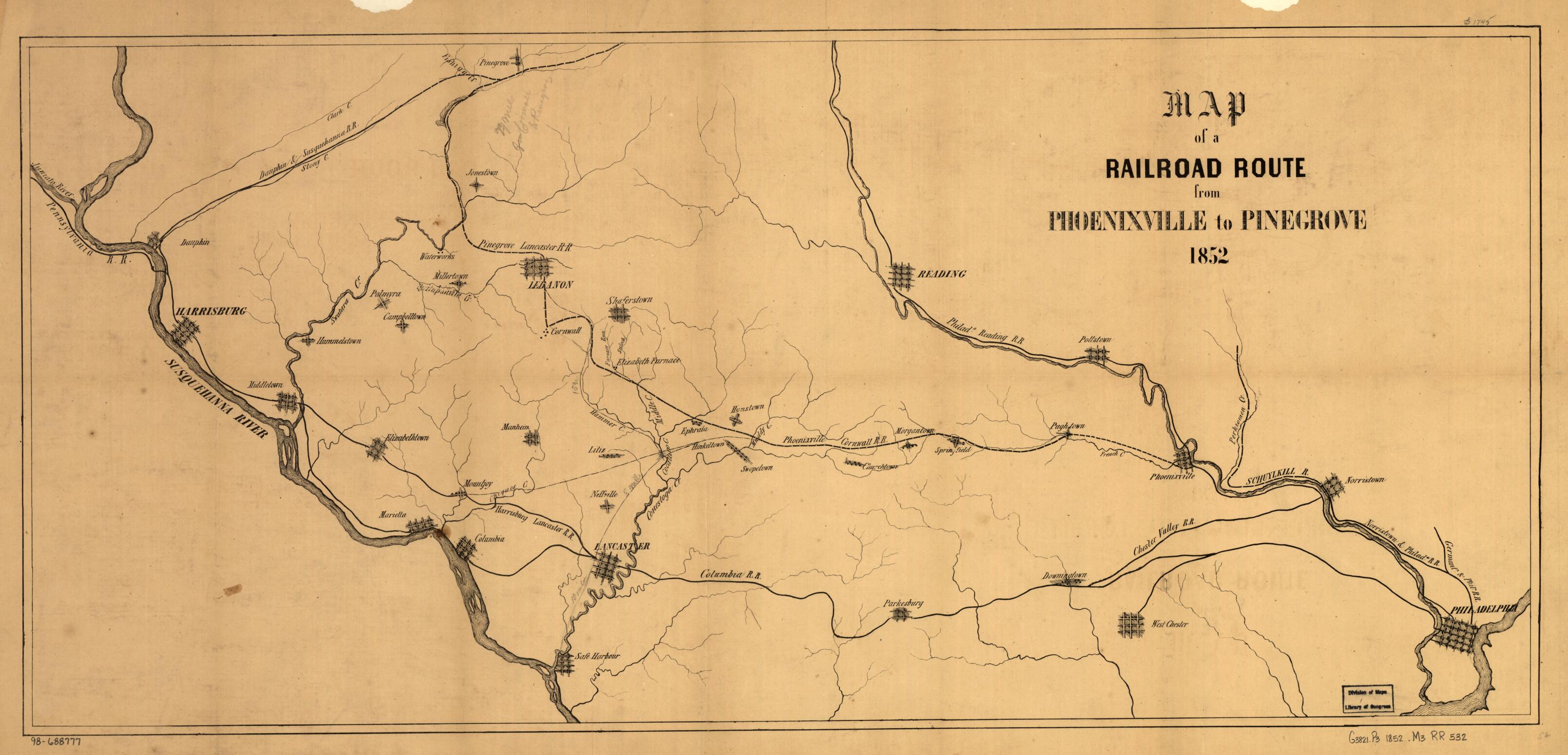 This old map of Map of a Railroad Route from Phoenixville to Pinegrove from 1852 was created by Phoenixville Cornwall Railroad, Pinegrove Lancaster Railroad in 1852