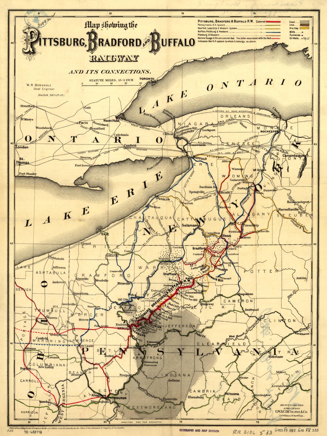 This old map of Map Showing the Pittsburg sic, Bradford, and Buffalo Railway and Its Connections, W. R. Bergholz, Chief Engineer, New York, Feb. 15, from 1882 was created by G.W. & C.B. Colton & Co, Bradford Pittsburgh in 1882