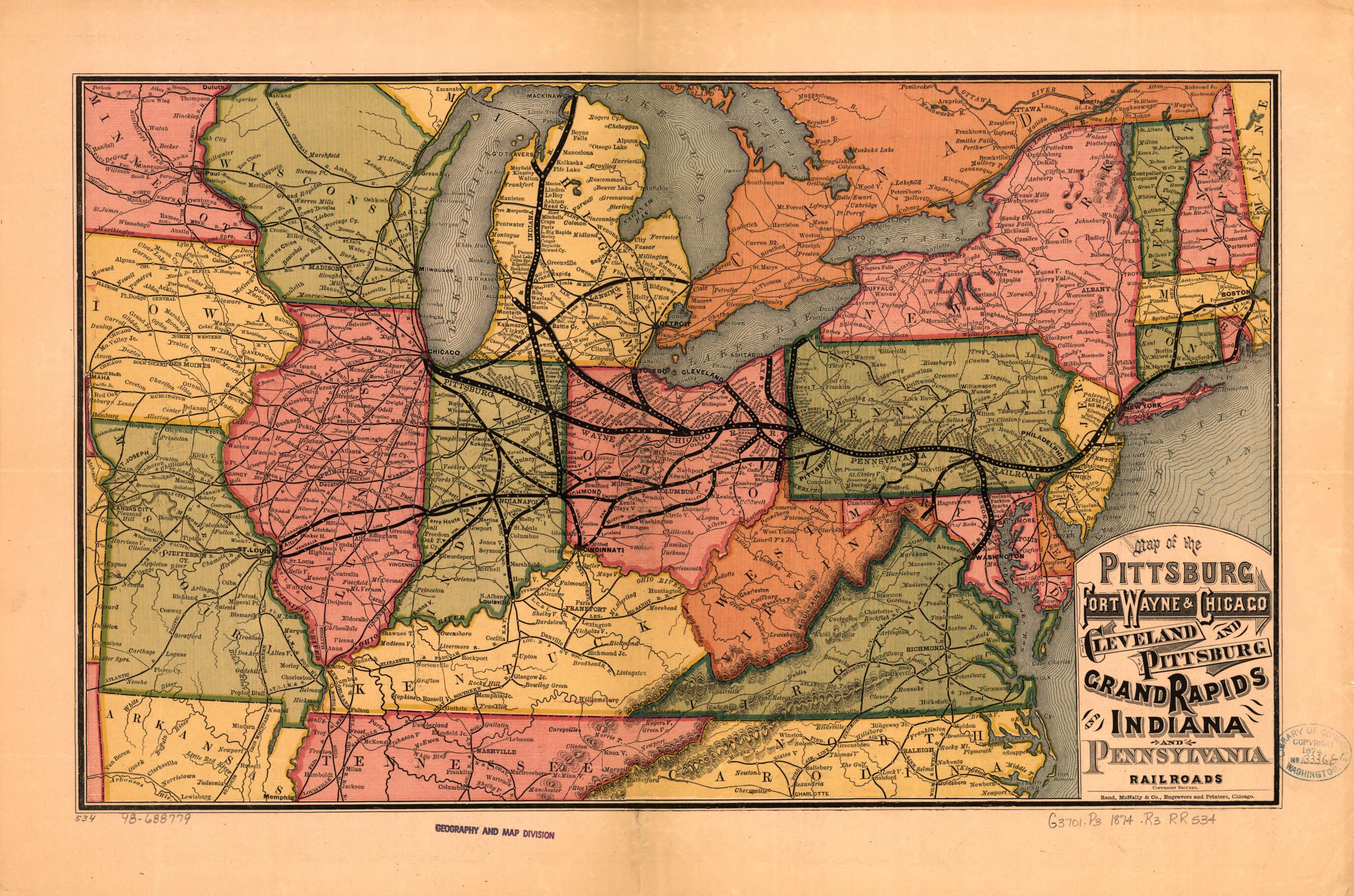 This old map of Map of the Pittsburg sic, Fort Wayne & Chicago, Cleveland and Pittsburg sic, Grand Rapids and Indiana, and Pennsylvania Railroads from 1874 was created by Fort Wayne Pittsburgh, Rand McNally and Company in 1874
