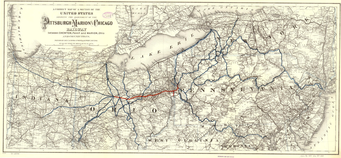 This old map of A Correct Map of a Section of the United States Showing the Allignment sic of the Pittsburgh, Marion, and Chicago Railway Between Chewton, Penna. and Marion, Ohio and Connections from 1887 was created by G.W. & C.B. Colton & Co, Marion P