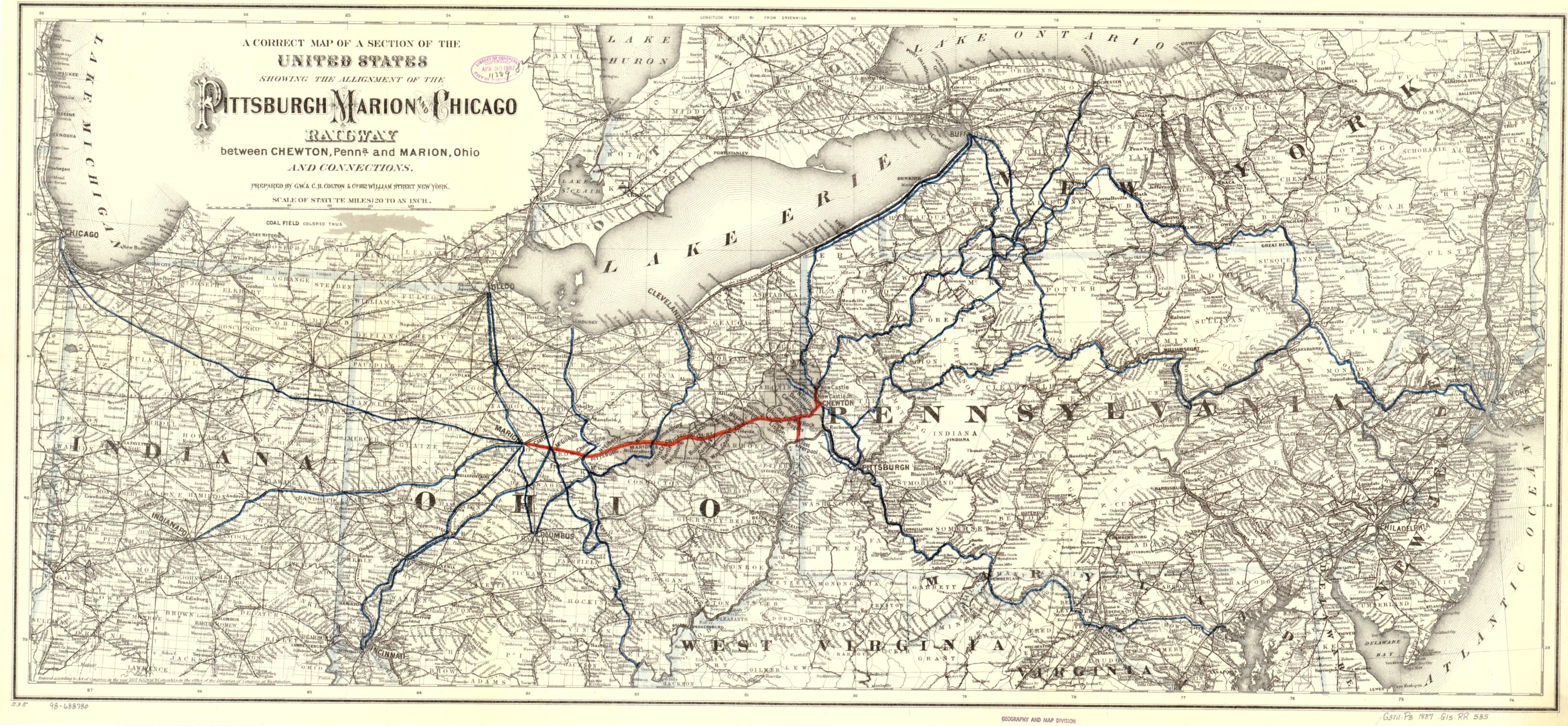 This old map of A Correct Map of a Section of the United States Showing the Allignment sic of the Pittsburgh, Marion, and Chicago Railway Between Chewton, Penna. and Marion, Ohio and Connections from 1887 was created by G.W. & C.B. Colton & Co, Marion P