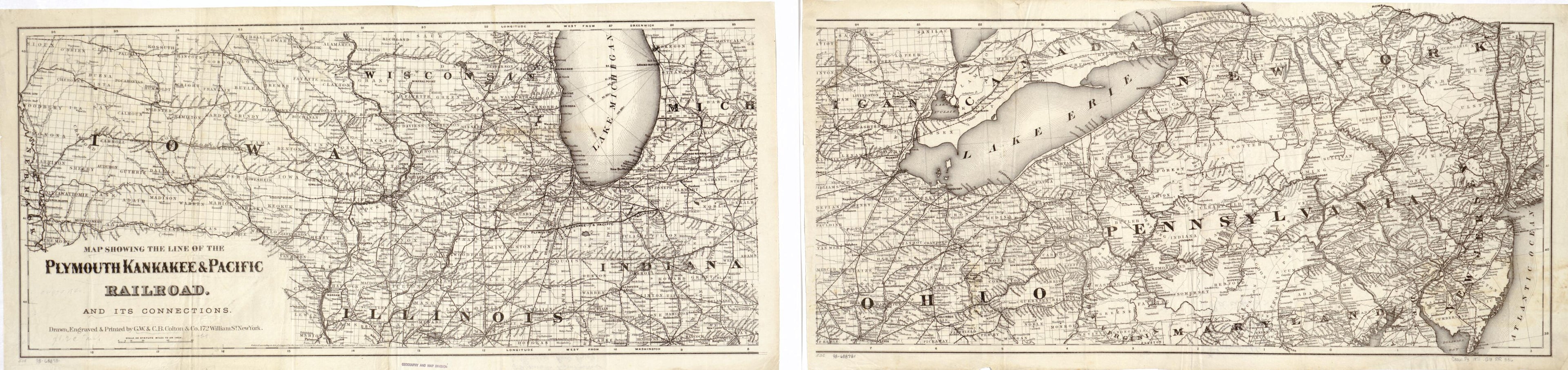 This old map of Map Showing the Line of the Plymouth, Kankakee, & Pacific Railroad and Its Connections from 1871 was created by G.W. & C.B. Colton & Co, Kankakee Plymouth in 1871