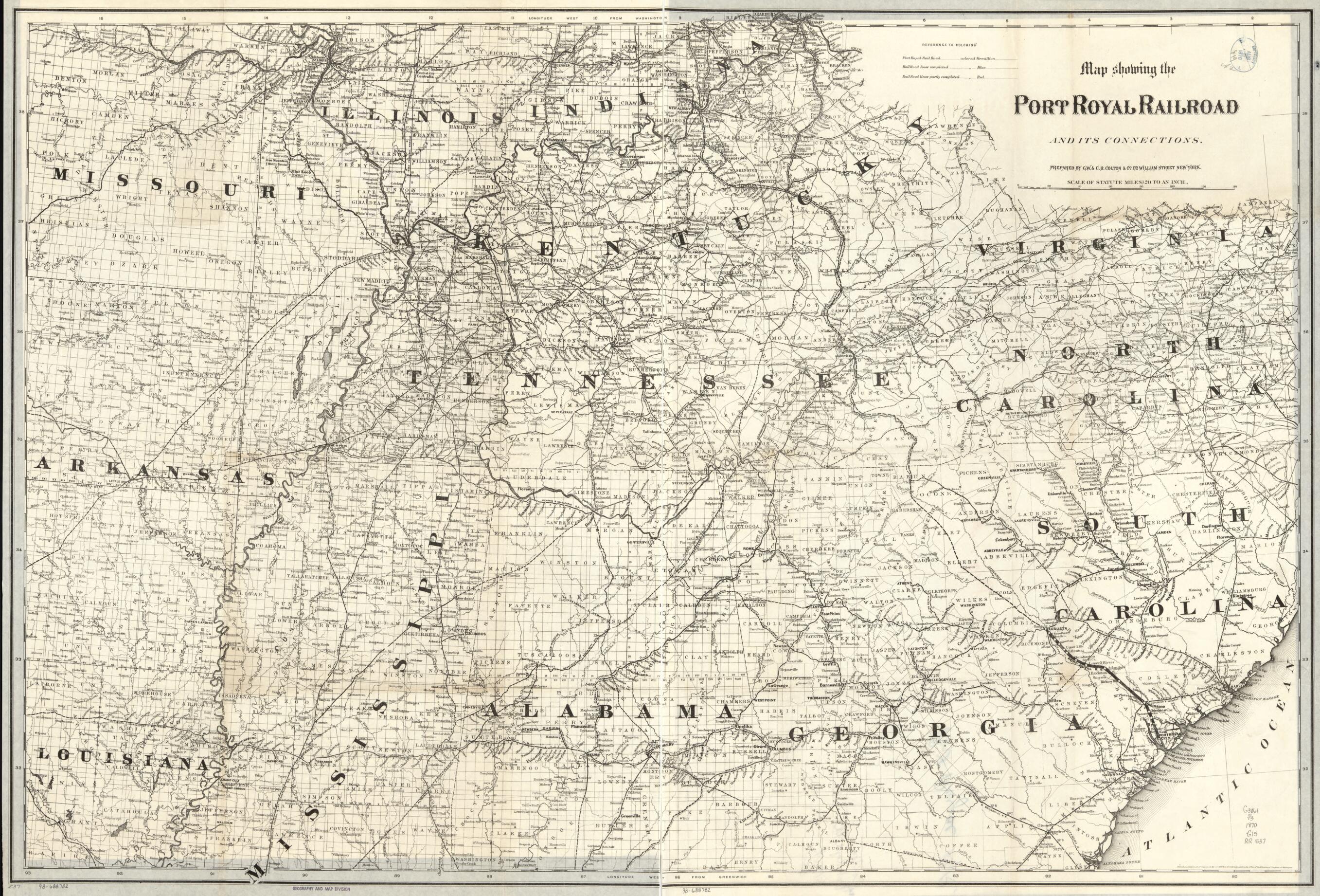 This old map of Map Showing the Port Royal Railroad and Its Connections from 1870 was created by G.W. & C.B. Colton & Co, Port Royal Railroad in 1870