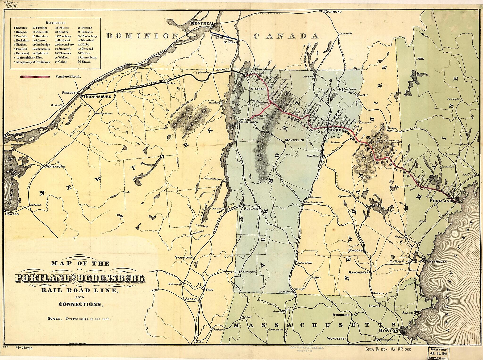 This old map of Map of the Portland and Ogdensburg Rail Road Line, and Connections from 1850 was created by Hatch & Co, Portland & Ogdensburg Railroad Company in 1850