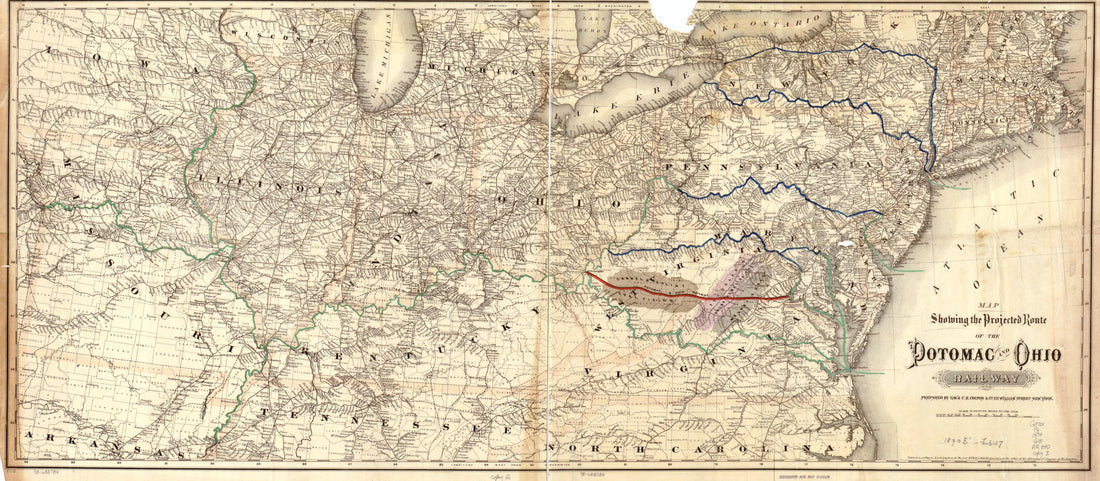 This old map of Map Showing the Projected Route of the Potomac and Ohio Railway from 1874 was created by G.W. & C.B. Colton & Co, Potomac and Ohio Railway in 1874