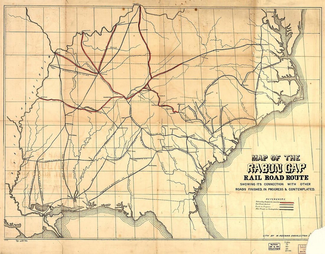 This old map of Map of the Rabun Gap Rail Road Route Showing Its Connection With Other Roads Finished, In Progress & Contemplated from 1850 was created by William Keenan, Rabun Gap Railroad in 1850
