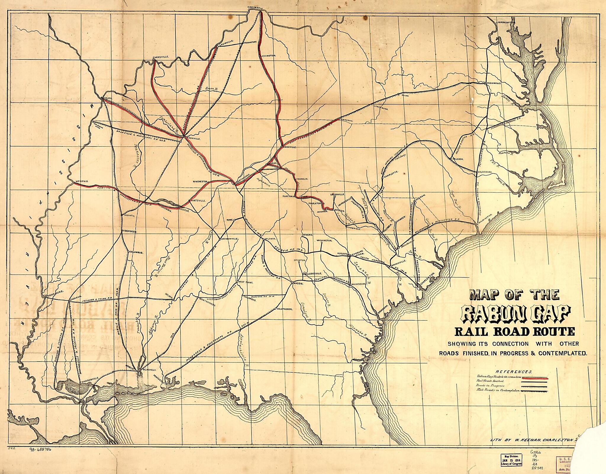This old map of Map of the Rabun Gap Rail Road Route Showing Its Connection With Other Roads Finished, In Progress & Contemplated from 1850 was created by William Keenan, Rabun Gap Railroad in 1850