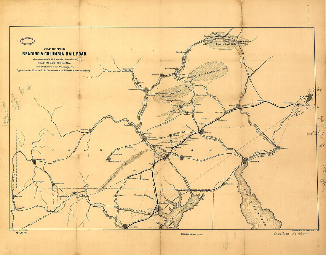 This old map of Map of the Reading & Columbia Rail Road Connecting New York Via the Jersey Central, Reading and Columbia, With Baltimore and Washington, Together With Western Railroad Connections to Wheeling and Pittsburg sic; Compiled by S. P. Kase from
