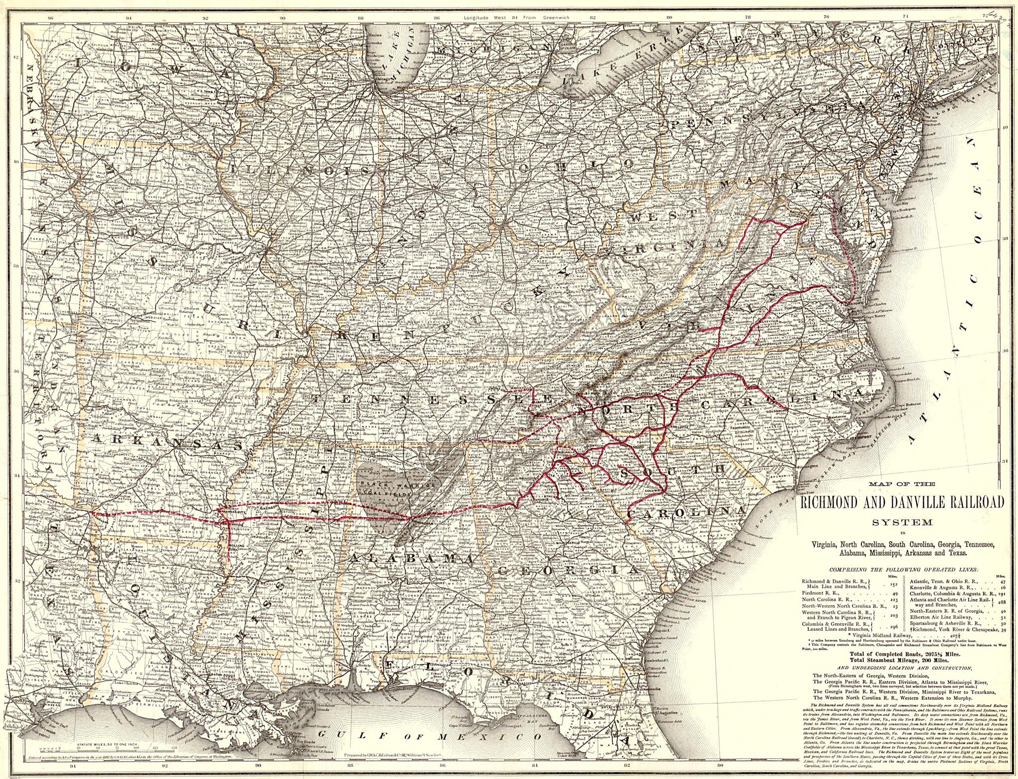 This old map of Map of the Richmond & Danville Railroad System In Virginia, North Carolina, South Carolina, Georgia, Tennessee, Alabama, Mississippi, Arkansas, & Texas from 1881 was created by G.W. & C.B. Colton & Co, Richmond and Danville Railroad Com