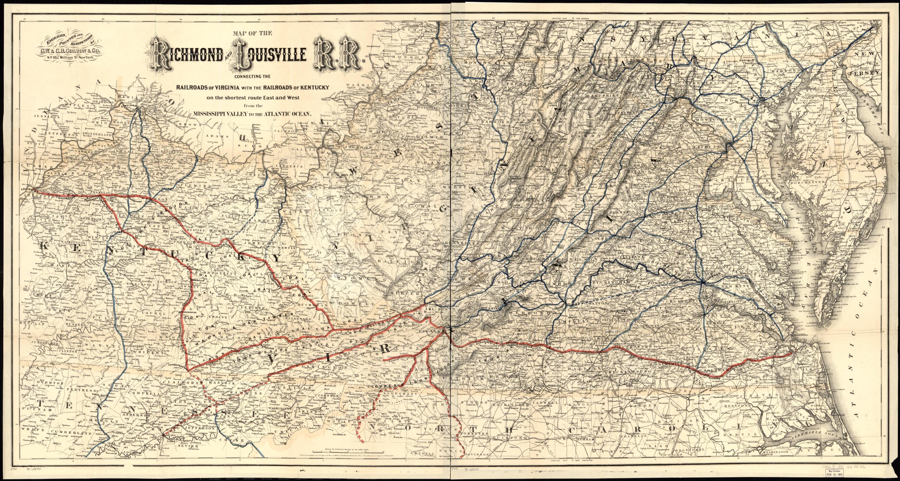 This old map of Map of the Richmond and Louisville R.R. Connecting the Railroads of Virginia With the Railroads of Kentucky On the Shortest Route East and West of the Mississippi Valley to the Atlantic Ocean from 1882 was created by  G.W. & C.B. Colton &