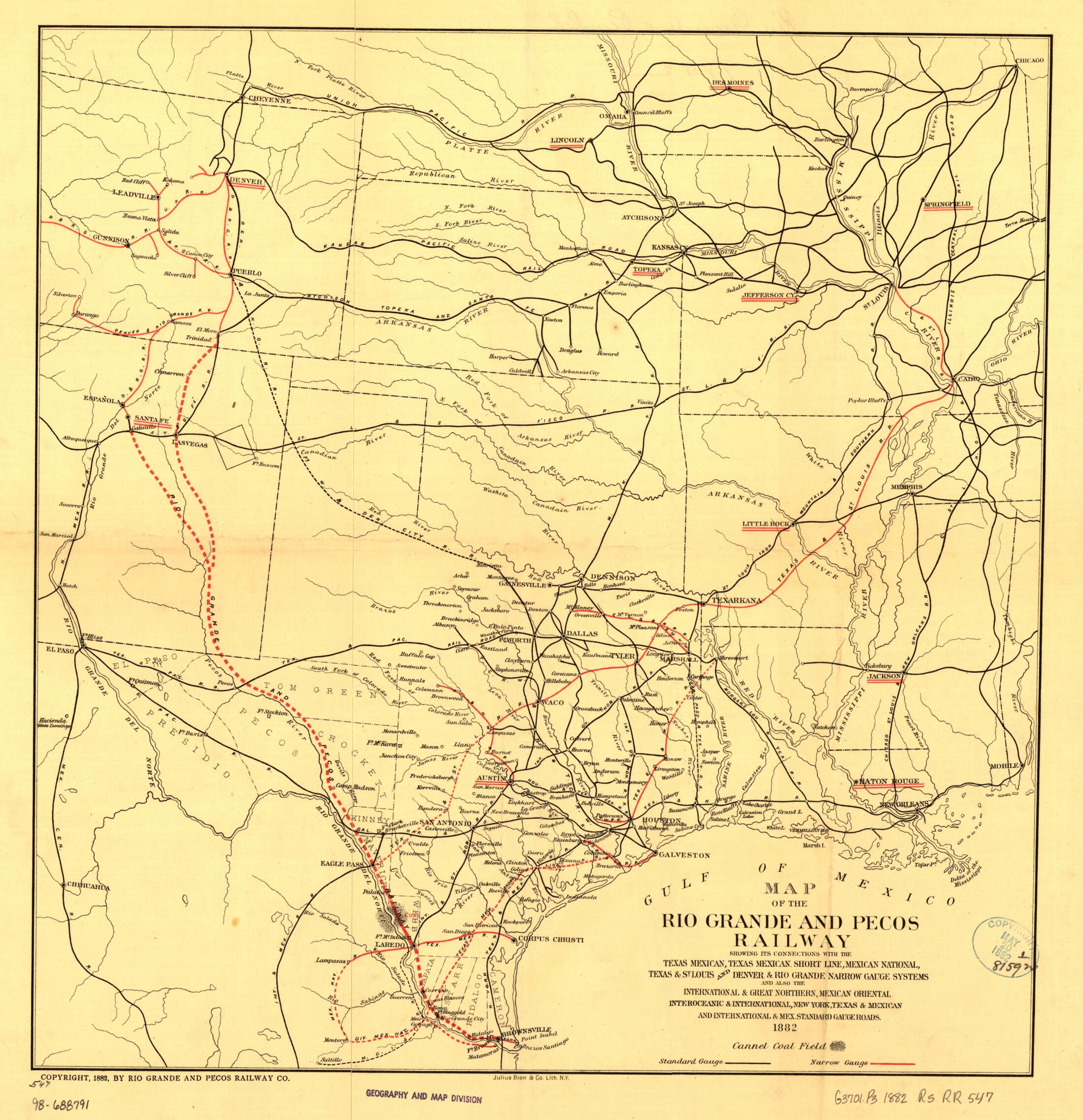 This old map of Map of the Rio Grande and Pecos Railway Showing Its Connections With the Texas Mexican, Texas Mexican Short Line, Mexican National, Texas & St. Louis, and Denver & Rio Grande Narrow Gauge Systems and Also the International & Great Norther
