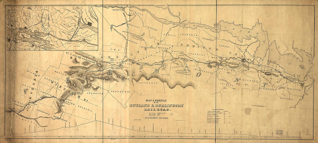 This old map of Map & Profile of the Rutland & Burlington Railroad, Wm. B. Gilbert, Chief Engineer, Jany. 1st, from 1848 was created by William B. Gilbert, Rutland and Burlington Railroad in 1848