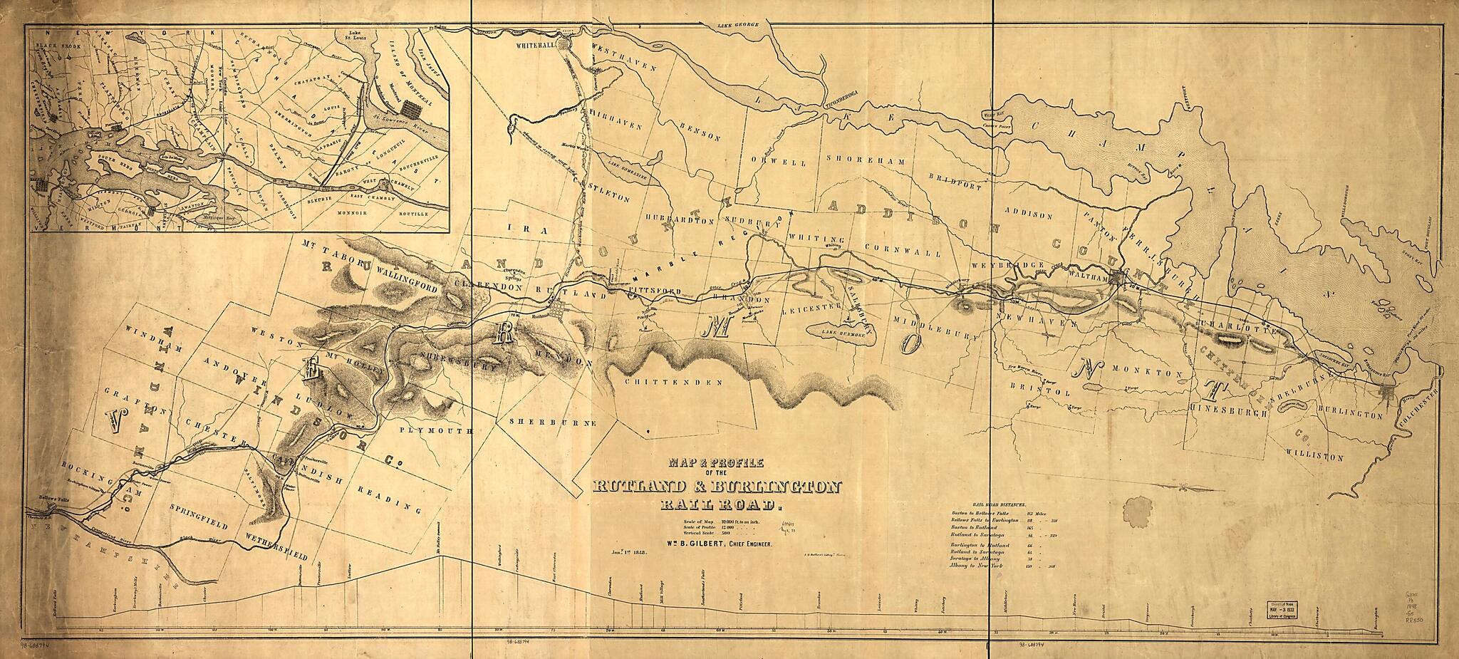 This old map of Map & Profile of the Rutland & Burlington Railroad, Wm. B. Gilbert, Chief Engineer, Jany. 1st, from 1848 was created by William B. Gilbert, Rutland and Burlington Railroad in 1848
