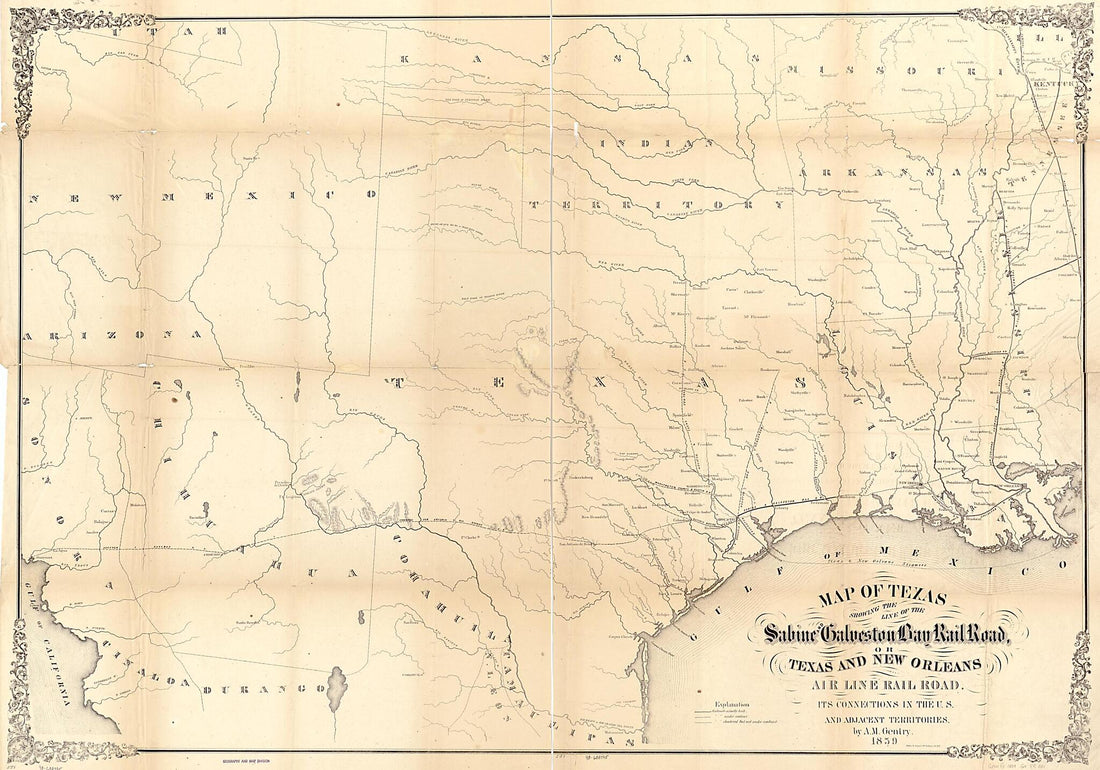 This old map of Map of Texas Showing the Sabine and Galveston Bay Rail Road, Or Texas and New Orleans Air Line Rail Line, Its Connections In the U.S. and Adjacent Territories from 1859 was created by Abm. M. (Abram Morrice) Gentry, Sabine and Galveston