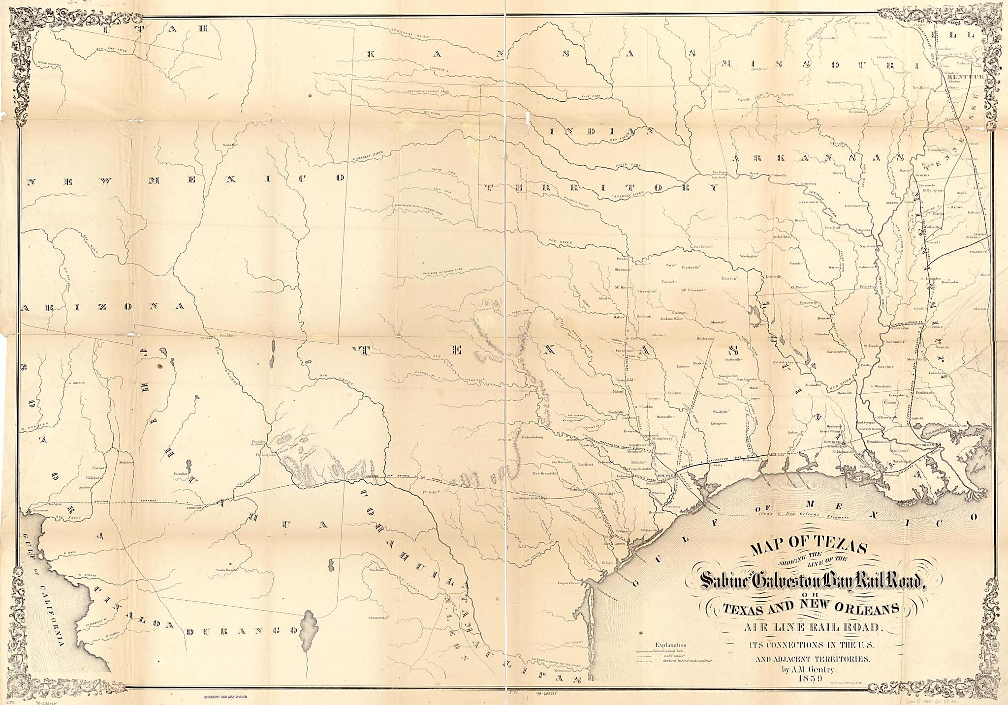 This old map of Map of Texas Showing the Sabine and Galveston Bay Rail Road, Or Texas and New Orleans Air Line Rail Line, Its Connections In the U.S. and Adjacent Territories from 1859 was created by Abm. M. (Abram Morrice) Gentry, Sabine and Galveston