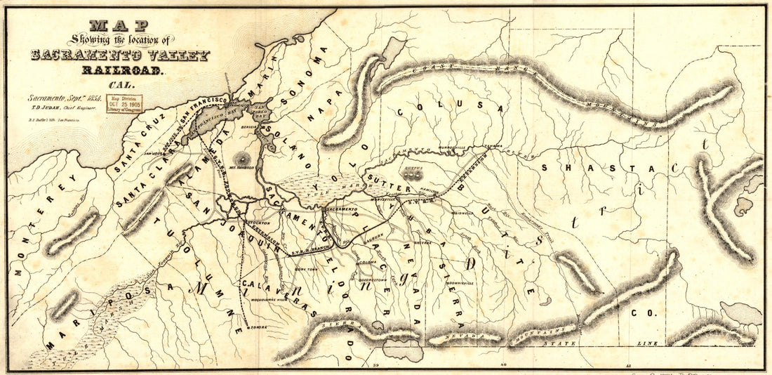 This old map of Map Showing the Location of Sacramento Valley Railroad,California Sacramento, Septr., from 1854; T.D. Judah, Chief Engineer was created by Theodore D. (Theodore Dehone) Judah, Sacramento Valley Railroad in 1854