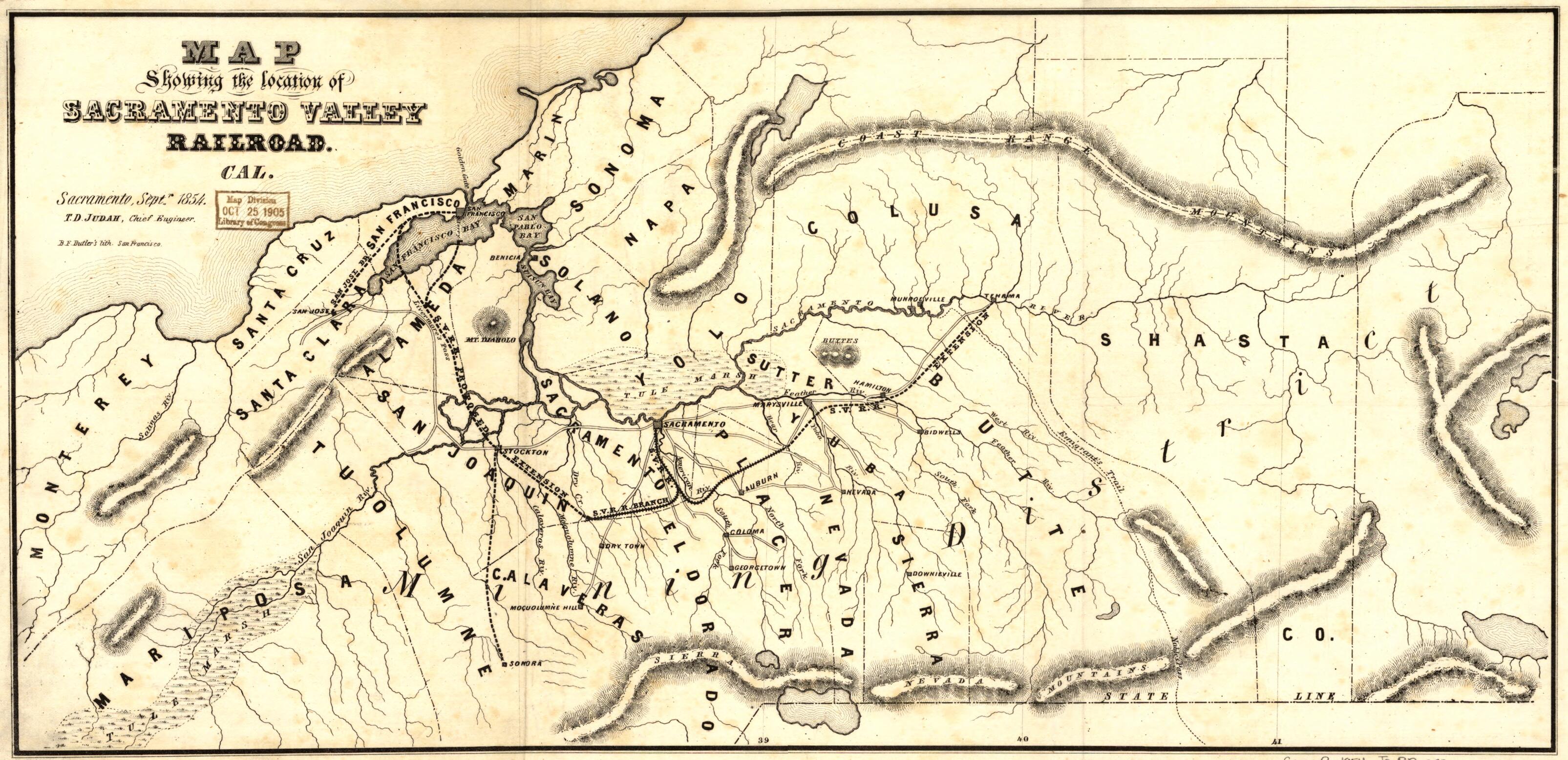 This old map of Map Showing the Location of Sacramento Valley Railroad,California Sacramento, Septr., from 1854; T.D. Judah, Chief Engineer was created by Theodore D. (Theodore Dehone) Judah, Sacramento Valley Railroad in 1854