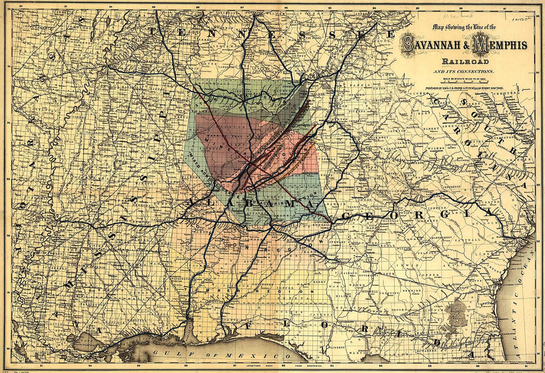 This old map of Map Showing the Line of the Savannah & Memphis Railroad and Its Connections from 1872 was created by G.W. & C.B. Colton & Co, Savannah and Memphis Railroad in 1872