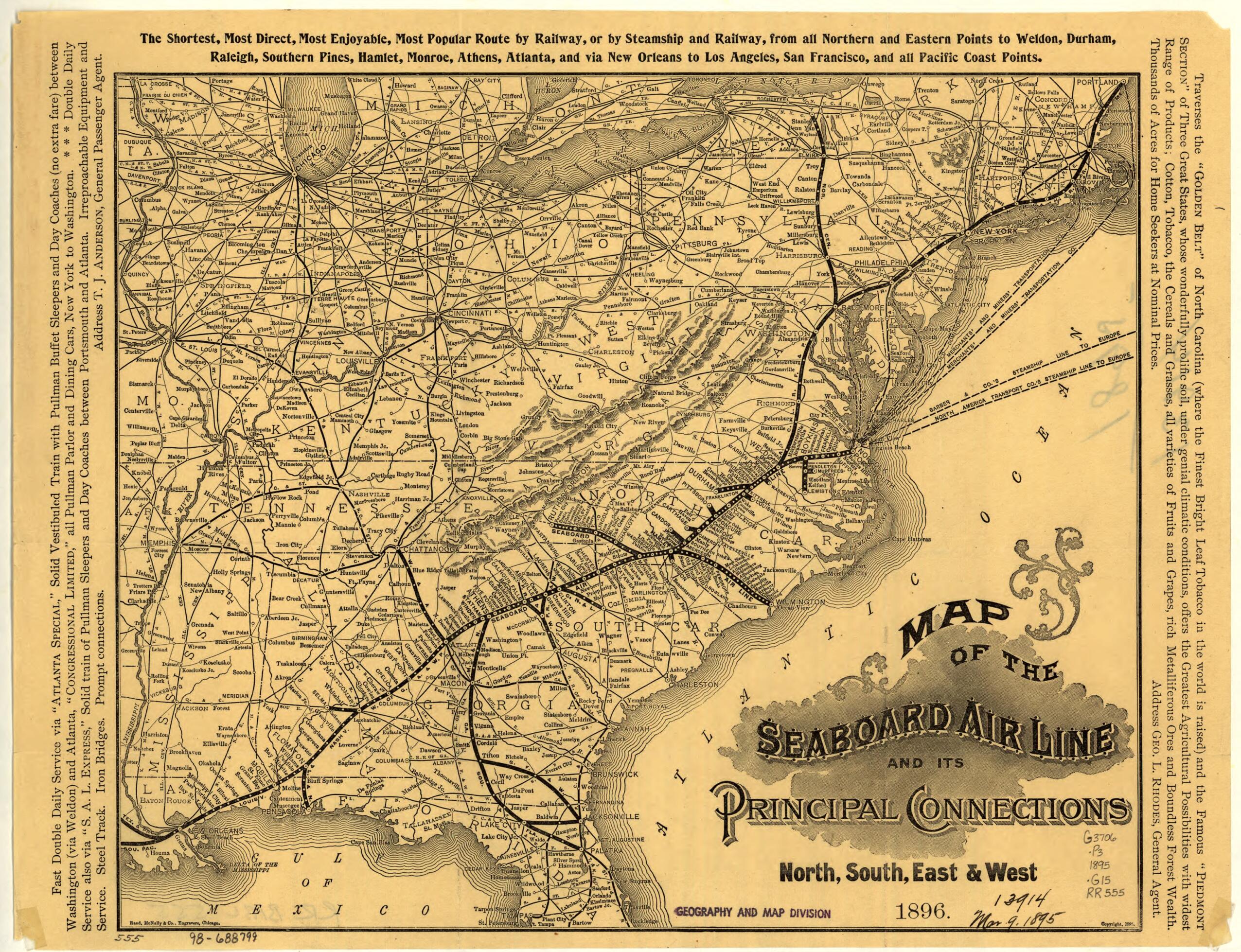This old map of Map of the Seaboard Air Line and Its Principal Connections North, South, East & West, from 1896 was created by Rand McNally and Company, Seaboard Air Line Railroad Company in 1896