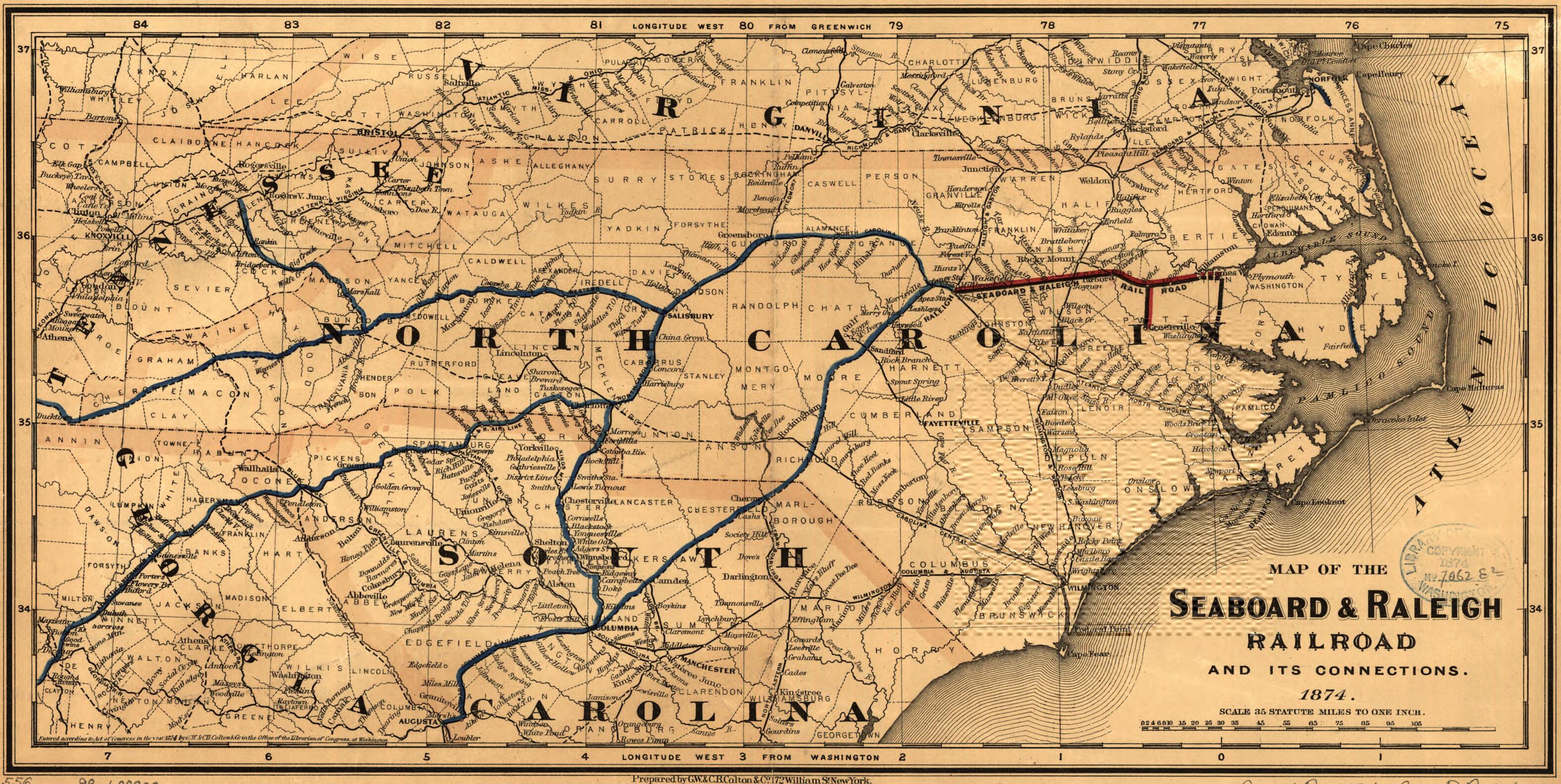 This old map of Map of the Seaboard & Raleigh Railroad and Its Connections from 1874 was created by G.W. & C.B. Colton & Co, Seaboard and Raleigh Railroad in 1874