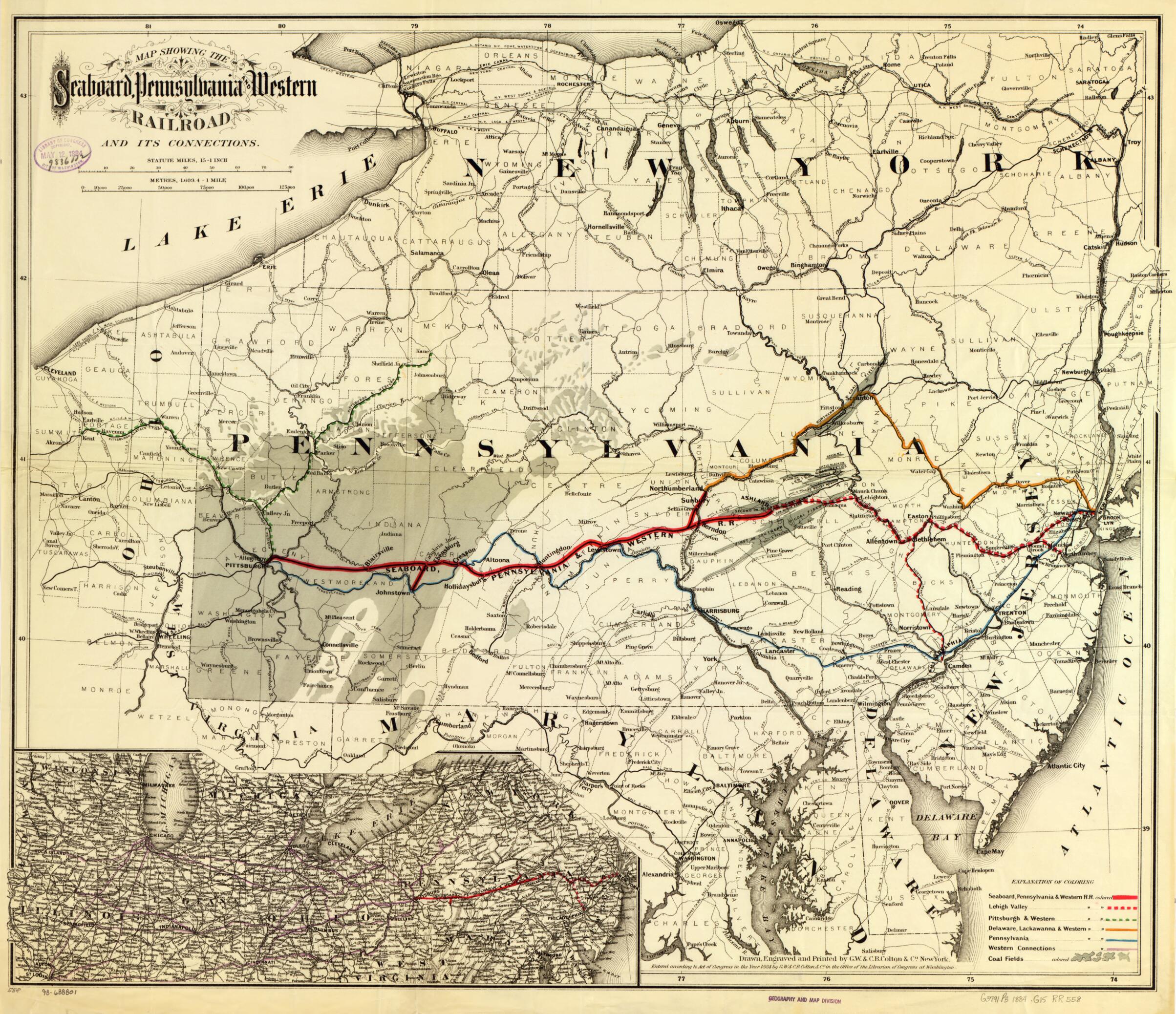 This old map of Map Showing the Seaboard, Pennsylvania and Western Railroad and Its Connections from 1884 was created by G.W. & C.B. Colton & Co, Pennsylvania Seaboard in 1884