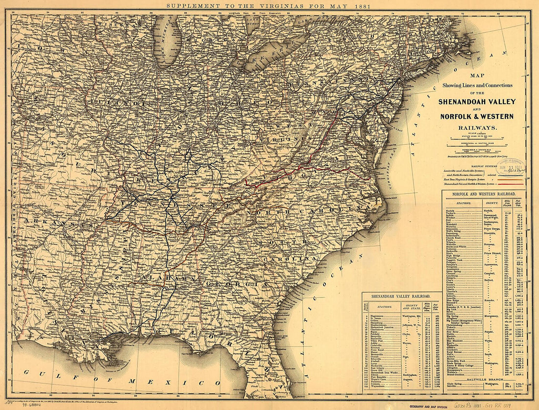 This old map of Map Showing Lines and Connections of the Shenandoah Valley and Norfolk & Western Railways from 1881 was created by G.W. & C.B. Colton & Co, Shenandoah Valley Railway Company in 1881