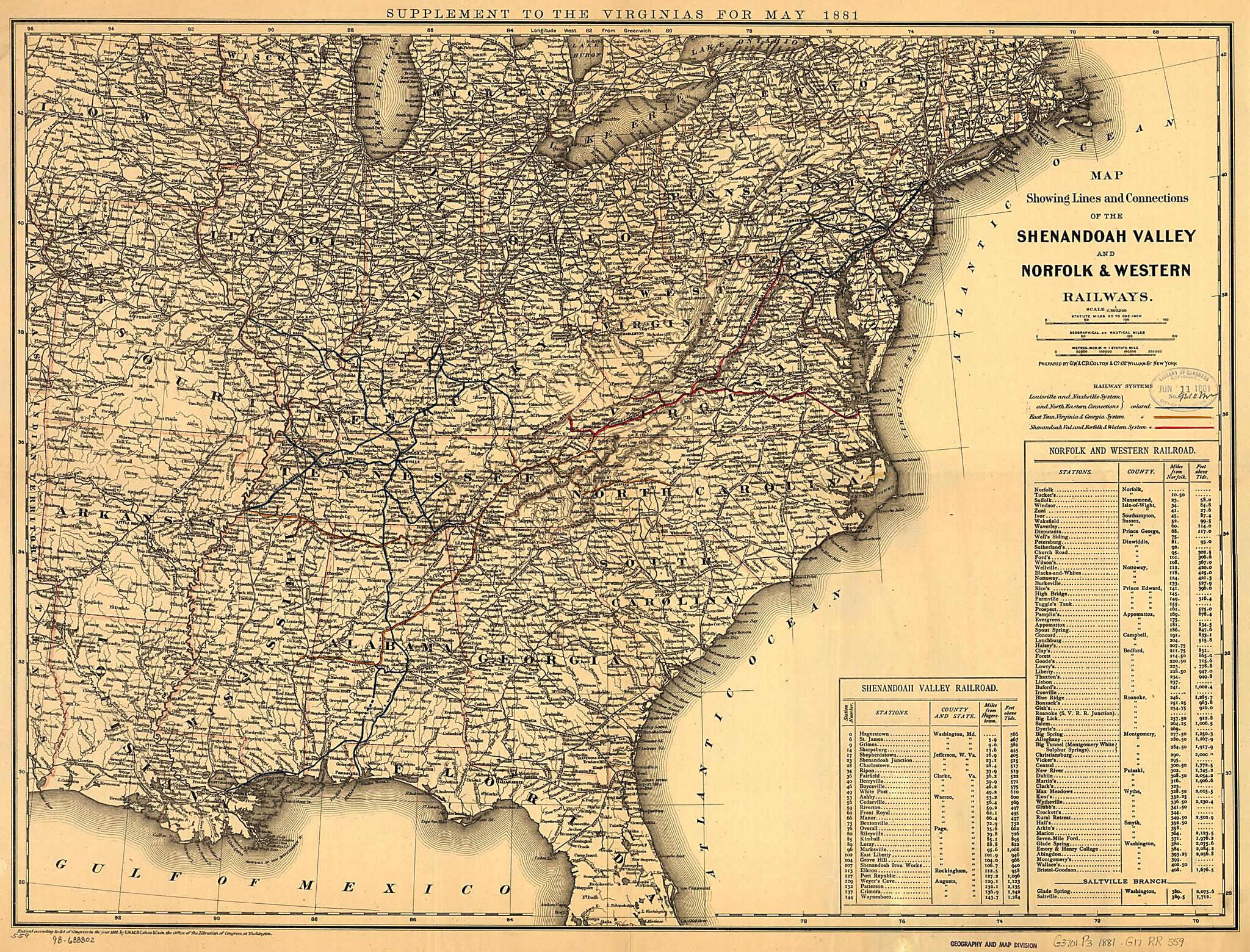 This old map of Map Showing Lines and Connections of the Shenandoah Valley and Norfolk & Western Railways from 1881 was created by G.W. & C.B. Colton & Co, Shenandoah Valley Railway Company in 1881