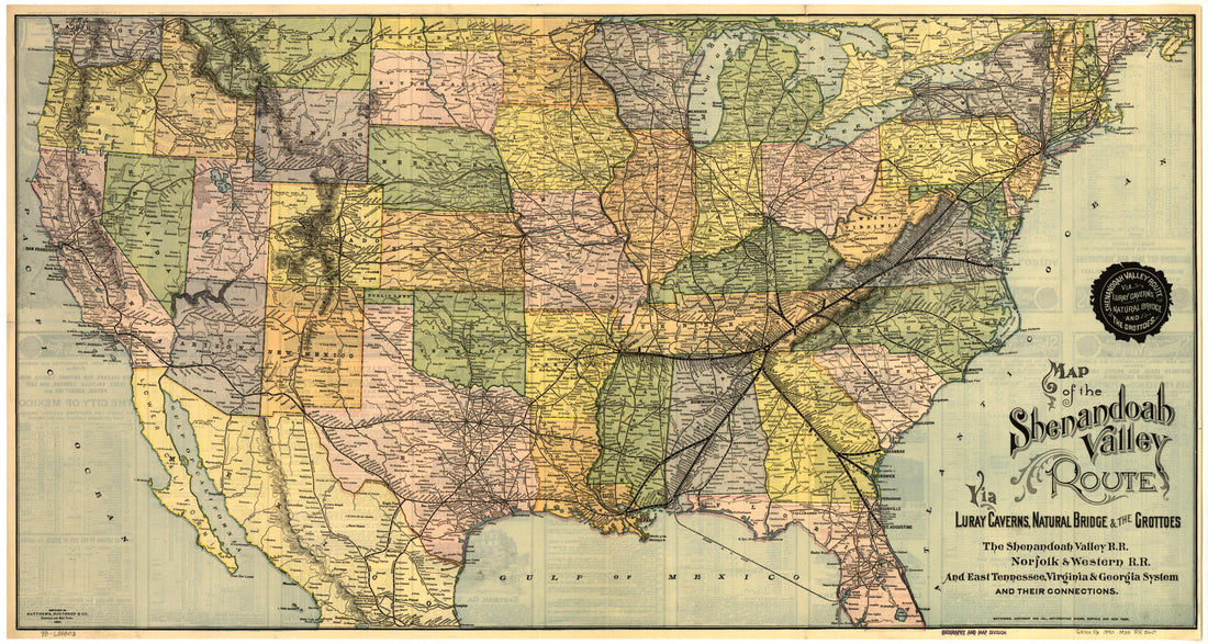 This old map of Map of the Shenandoah Valley Route Via Luray Caverns, Natural Bridge & the Grottos. the Shenandoah Valley R.R. Norfolk & Western R.R. and East Tennessee, Virginia & Georgia System and Their Connections from 1890 was created by Northrup C