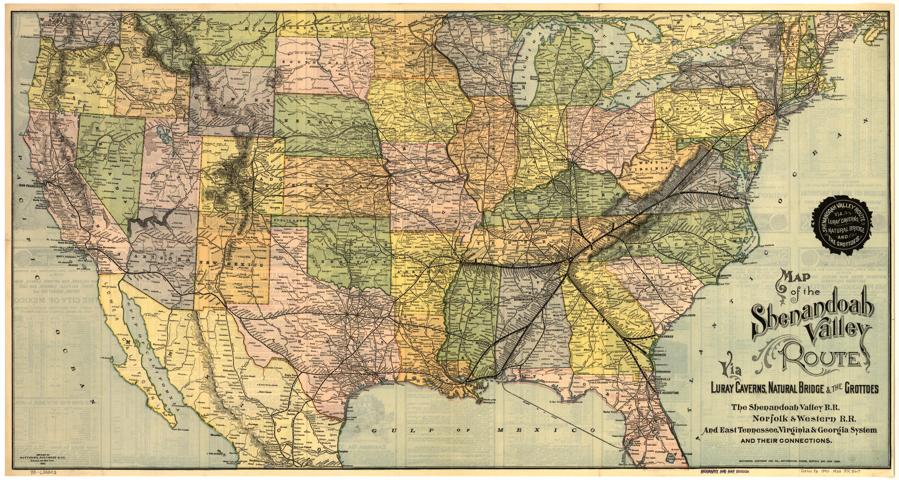 This old map of Map of the Shenandoah Valley Route Via Luray Caverns, Natural Bridge & the Grottos. the Shenandoah Valley R.R. Norfolk & Western R.R. and East Tennessee, Virginia & Georgia System and Their Connections from 1890 was created by Northrup C