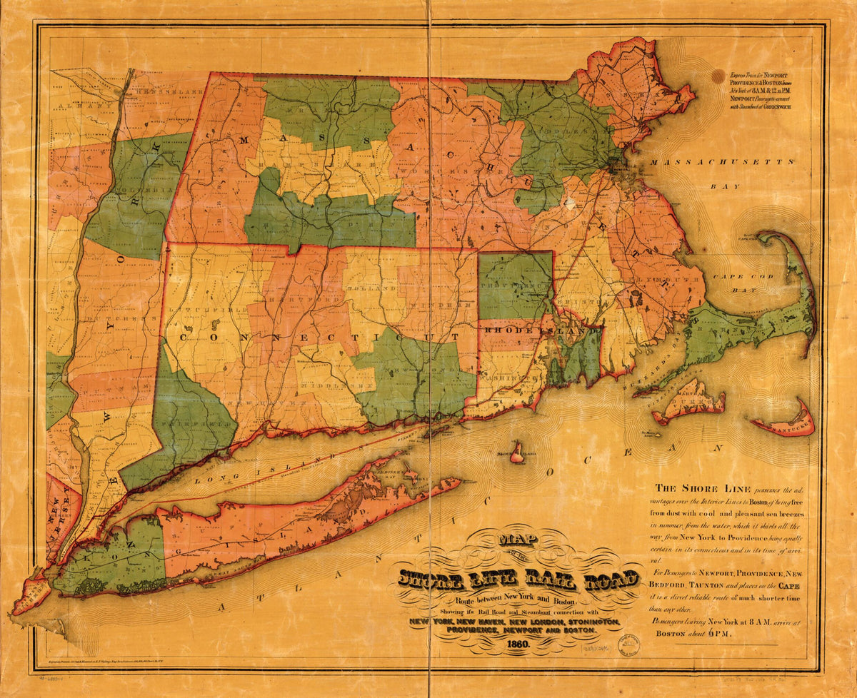 Map of the Shore Line Rail Road Route Between New York and Boston, Showing Its Rail Road and Steamboat Connection With New York, New Haven, New London, Stonington, Providence, Newport, and Boston 1860 by Relic Map Company