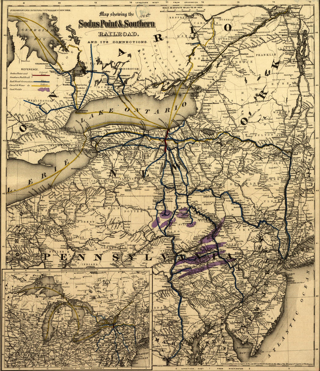 This old map of Map Showing the Sodus Point & Southern Railroad and Its Connections from 1872 was created by G.W. & C.B. Colton & Co, Sodus Point and Southern Railroad in 1872