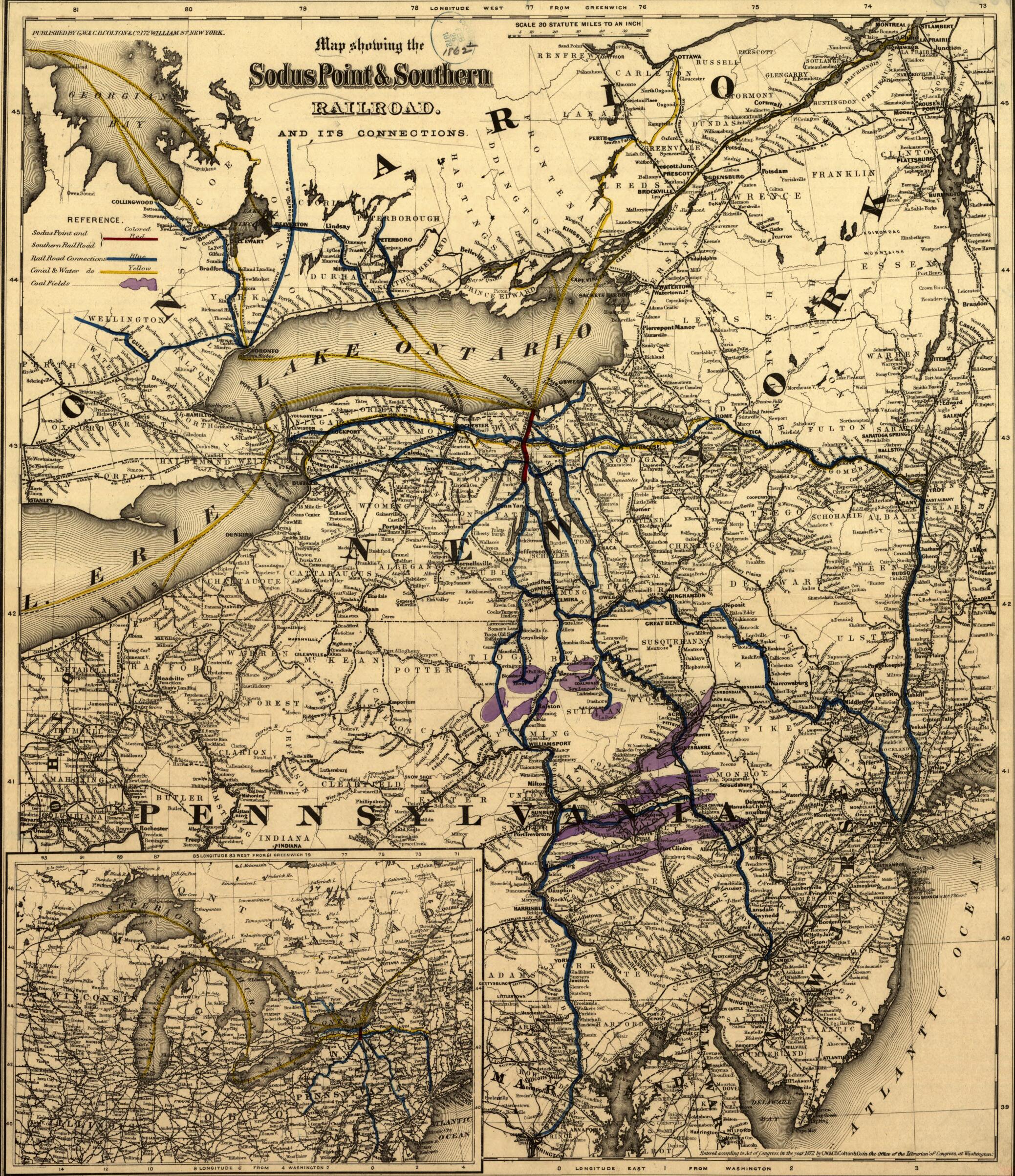 This old map of Map Showing the Sodus Point & Southern Railroad and Its Connections from 1872 was created by G.W. & C.B. Colton & Co, Sodus Point and Southern Railroad in 1872