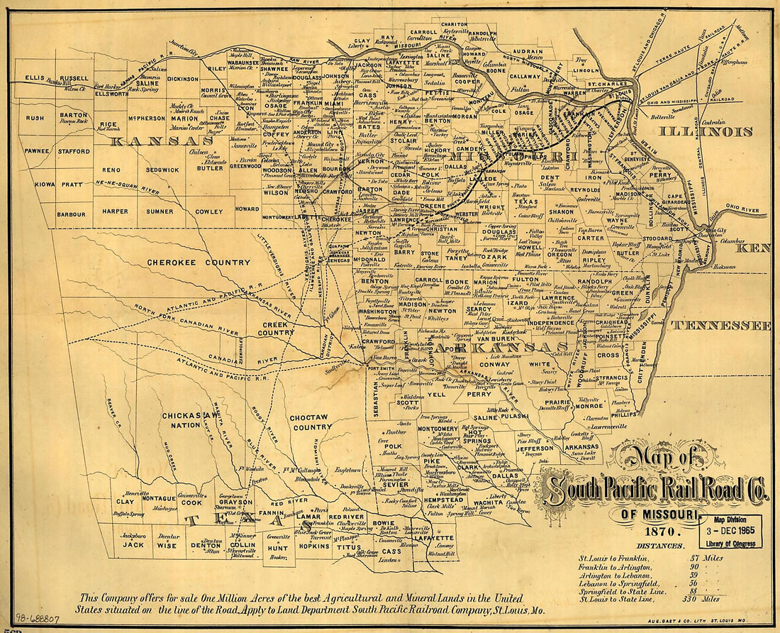 This old map of Map of South Pacific Rail Road County of Missouri from 1870 was created by August Gast & Co, South Pacific Railroad Company of Missouri in 1870