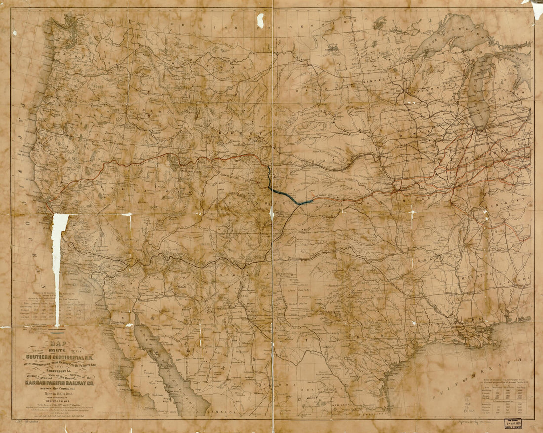 This old map of Map of the Route of the Southern Continental R.R. With Connections from Kansas City Mo., Ft. SmithArkansas and Shreveport La., Giving a General View of the Recent Surveys of the Kansas Pacific Railway Co., Across the Continent Made In fro