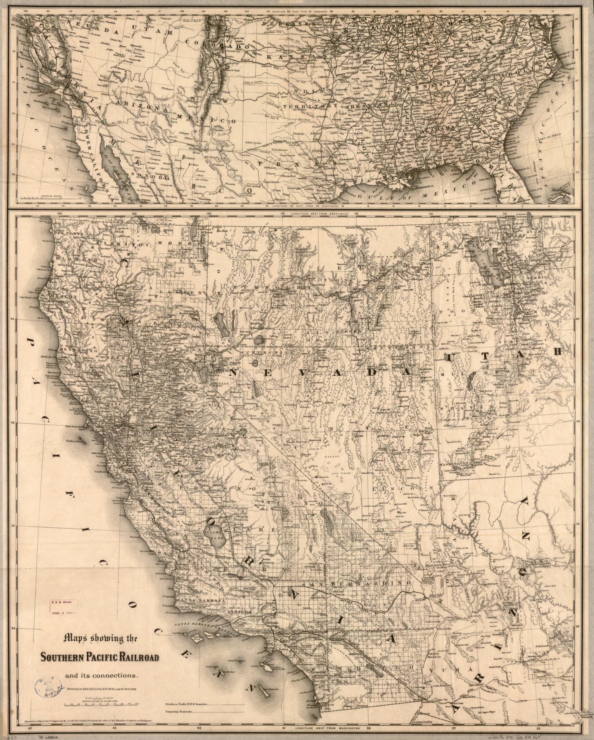 This old map of Maps Showing the Southern Pacific Railroad and Its Connections from 1875 was created by G.W. & C.B. Colton & Co, Southern Pacific Railroad Company in 1875