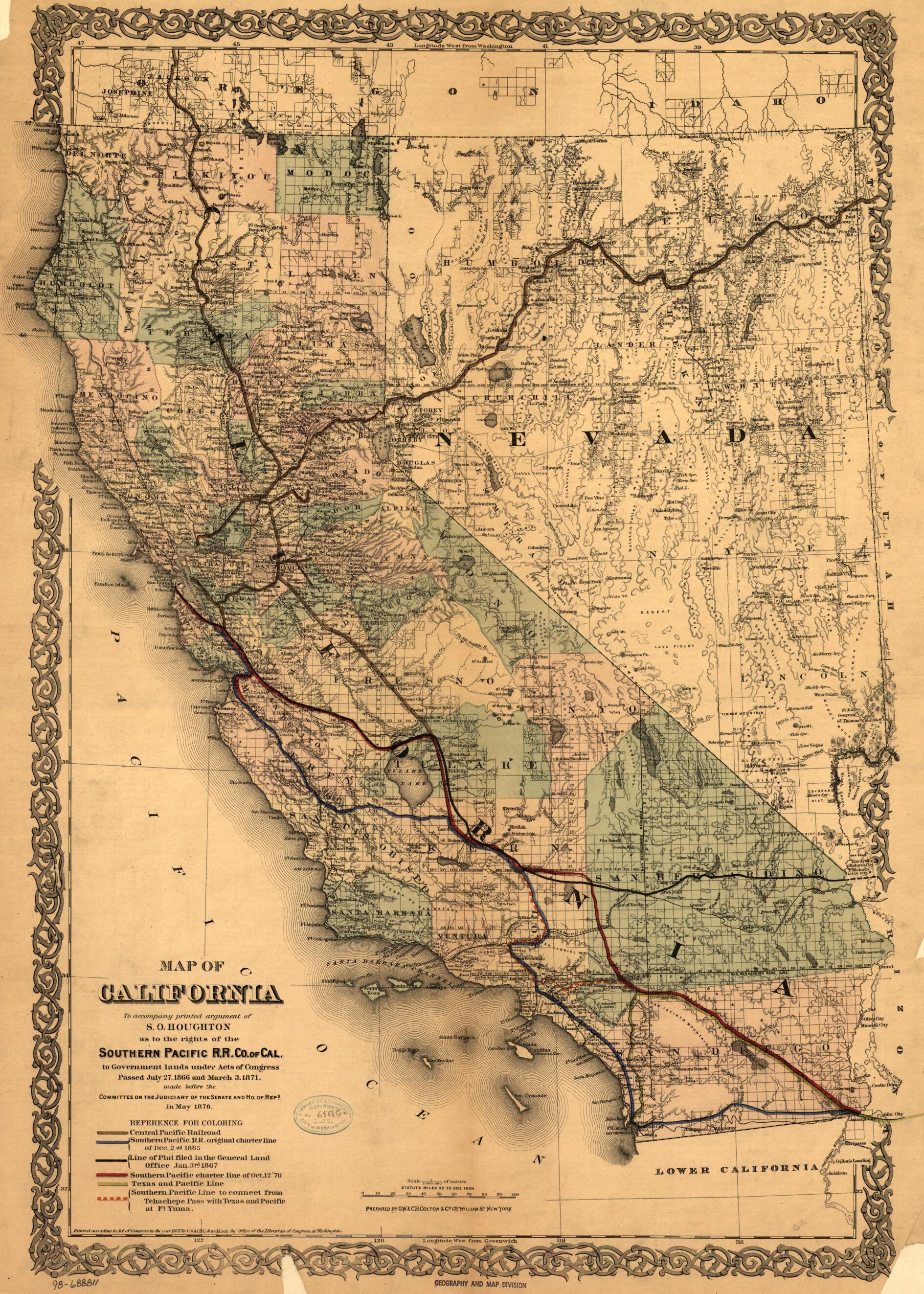 This old map of Map of California to Accompany Printed Agreement of S. O. Houghton As to the Rights of the Southern Pacific R.R. Co. OfCalifornia to Government Lands Under Acts of Congress Passed July 27, 1866 and March 3, 1871 Made Before the Committee