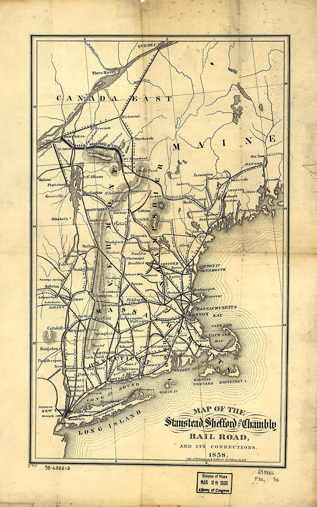 This old map of Map of the Stanstead, Shefford, and Chambly Rail Road, and Its Connections from 1858 was created by Robertson & Seibert, Shefford Stanstead in 1858